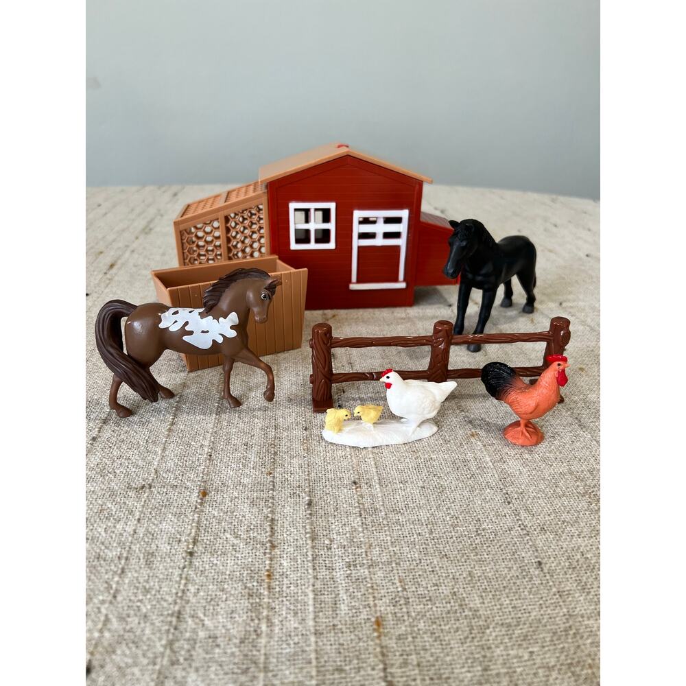 Chicken Coop, Farm Animals, and Mixed Accessory Toy Lot New Ray Toys Works
